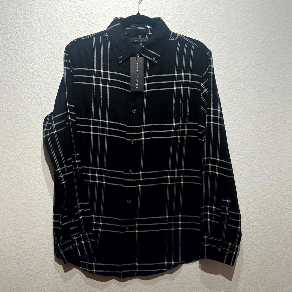 Christian‎ Lacroix Flannel Shirt Mens Medium Black White Check Modern Fit Rayon